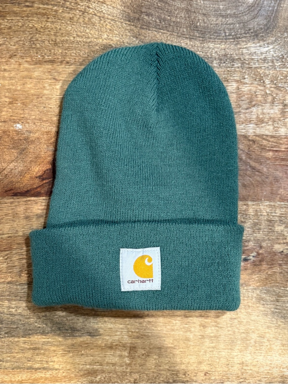 Carhartt Aspen Dark Unisex Green Cuffed Beanie with Yellow Logo Patch